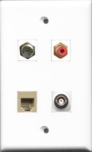 RiteAV 1 Port RCA Red and 1 Port Coax Cable TV- F-Type and 1 Port Phone RJ11 RJ12 Beige and 1 Port BNC Wall Plate