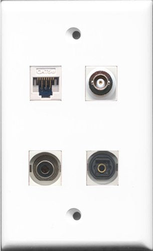 RiteAV - 1 Port Toslink and 1 Port 3.5mm and 1 Port BNC and 1 Port Cat5e Ethernet White Wall Plate