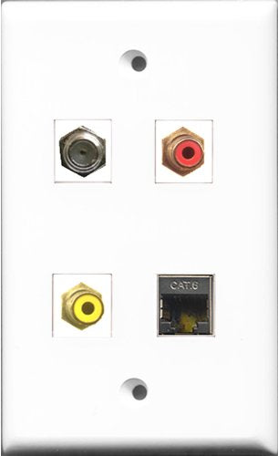 RiteAV 1 Port RCA Red and 1 Port RCA Yellow and 1 Port Coax Cable TV- F-Type and 1 Port Shielded Cat6 Ethernet Wall Plate
