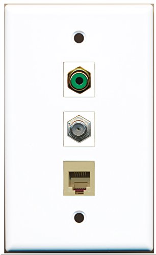 RiteAV - 1 Port RCA Green and 1 Port Coax Cable TV- F-Type and 1 Port Phone RJ11 RJ12 Beige Wall Plate