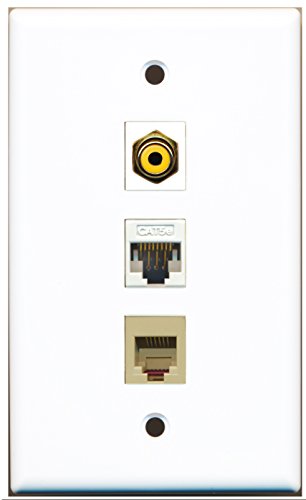 RiteAV - 1 Port RCA Yellow and 1 Port Phone RJ11 RJ12 Beige and 1 Port Cat5e Ethernet White Wall Plate