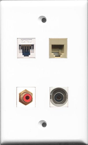 RiteAV 1 Port RCA Red and 1 Port Phone RJ11 RJ12 Beige and 1 Port 3.5mm and 1 Port Cat5e Ethernet White Wall Plate