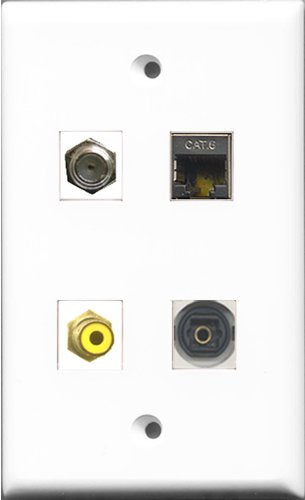 RiteAV 1 Port RCA Yellow and 1 Port Coax Cable TV- F-Type and 1 Port Shielded Cat6 Ethernet and 1 Port Toslink Wall Plate