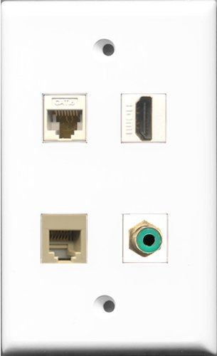 RiteAV 1 Port HDMI and 1 Port RCA Green and 1 Port Phone RJ11 RJ12 Beige and 1 Port Cat6 Ethernet White Wall Plate