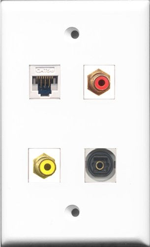 RiteAV 1 Port RCA Red and 1 Port RCA Yellow and 1 Port Toslink and 1 Port Cat5e Ethernet White Wall Plate