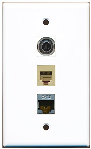 RiteAV - 1 Port Phone RJ11 RJ12 Beige and 1 Port Shielded Cat6 Ethernet and 1 Port 3.5mm Wall Plate