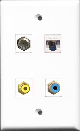 RiteAV 1 Port RCA Yellow and 1 Port RCA Blue and 1 Port Coax Cable TV- F-Type and 1 Port Cat5e Ethernet White Wall Plate