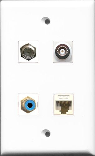 RiteAV 1 Port RCA Blue and 1 Port Coax Cable TV- F-Type and 1 Port BNC and 1 Port Cat6 Ethernet White Wall Plate