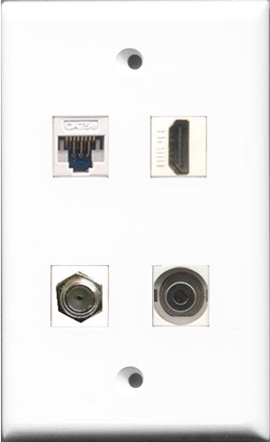 RiteAV - 1 Port HDMI and 1 Port Coax Cable TV- F-Type and 1 Port 3.5mm and 1 Port Cat5e Ethernet White Wall Plate