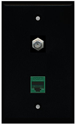 RiteAV - Black 1 Port Coax Cable TV- F-Type 1 Port Cat6 Ethernet Green Wall Plate