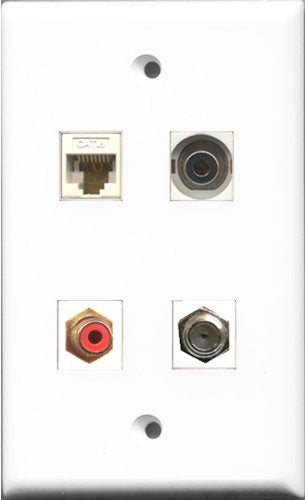 RiteAV 1 Port RCA Red and 1 Port Coax Cable TV- F-Type and 1 Port 3.5mm and 1 Port Cat6 Ethernet White Wall Plate