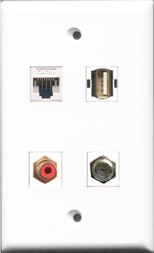 RiteAV 1 Port RCA Red and 1 Port Coax Cable TV- F-Type and 1 Port USB A-A and 1 Port Cat5e Ethernet White Wall Plate