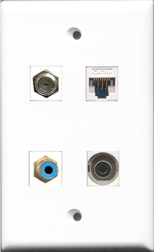 RiteAV 1 Port RCA Blue and 1 Port Coax Cable TV- F-Type and 1 Port 3.5mm and 1 Port Cat5e Ethernet White Wall Plate