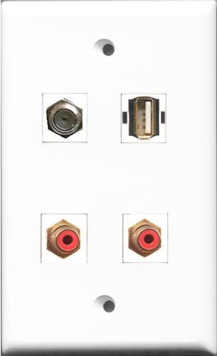 RiteAV - 2 Port RCA Red and 1 Port Coax Cable TV- F-Type and 1 Port USB A-A Wall Plate