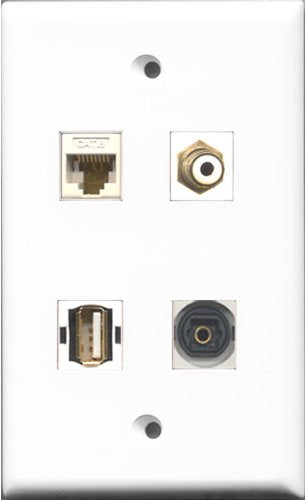 RiteAV 1 Port RCA White and 1 Port USB A-A and 1 Port Toslink and 1 Port Cat6 Ethernet White Wall Plate