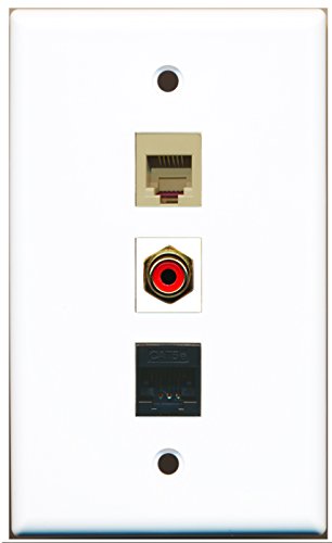 RiteAV - 1 Port RCA Red and 1 Port Phone RJ11 RJ12 Beige and 1 Port Cat5e Ethernet Black Wall Plate