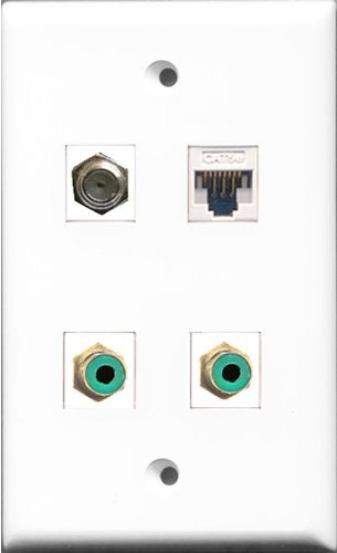RiteAV - 2 Port RCA Green and 1 Port Coax Cable TV- F-Type and 1 Port Cat5e Ethernet White Wall Plate