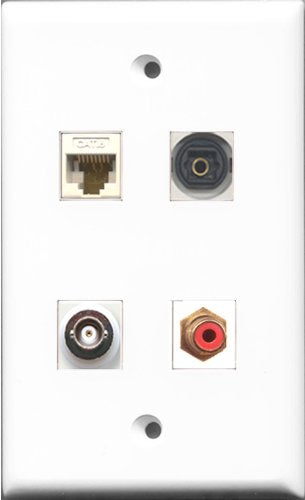 RiteAV 1 Port RCA Red and 1 Port Toslink and 1 Port BNC and 1 Port Cat6 Ethernet White Wall Plate
