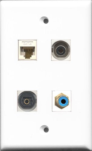 RiteAV 1 Port RCA Blue and 1 Port Toslink and 1 Port 3.5mm and 1 Port Cat6 Ethernet White Wall Plate