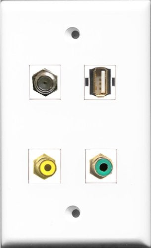 RiteAV 1 Port RCA Yellow and 1 Port RCA Green and 1 Port Coax Cable TV- F-Type and 1 Port USB A-A Wall Plate
