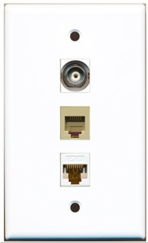 RiteAV - 1 Port Phone RJ11 RJ12 Beige and 1 Port BNC and 1 Port Cat6 Ethernet White Wall Plate