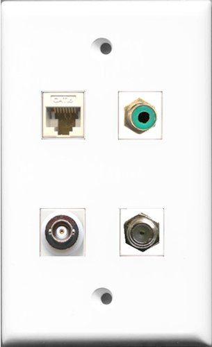 RiteAV 1 Port RCA Green and 1 Port Coax Cable TV- F-Type and 1 Port BNC and 1 Port Cat6 Ethernet White Wall Plate