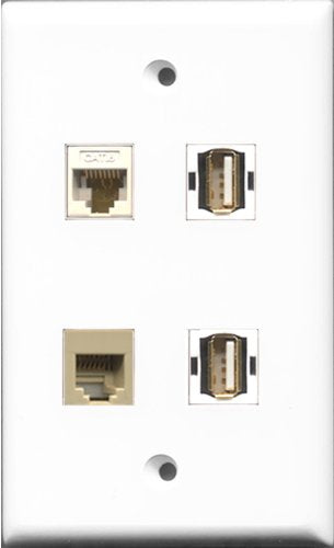 RiteAV - 2 Port USB A-A and 1 Port Phone RJ11 RJ12 Beige and 1 Port Cat6 Ethernet White Wall Plate