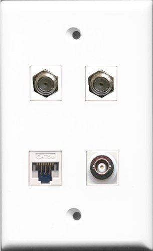 RiteAV - 2 Port Coax Cable TV- F-Type and 1 Port BNC and 1 Port Cat5e Ethernet White Wall Plate