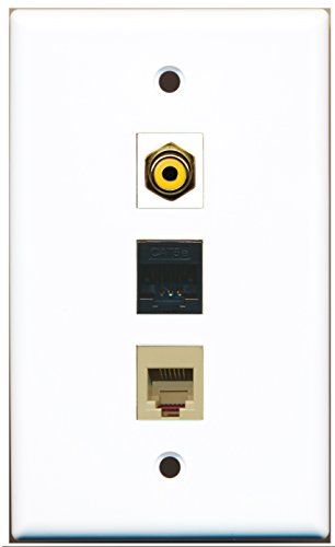 RiteAV - 1 Port RCA Yellow and 1 Port Phone RJ11 RJ12 Beige and 1 Port Cat5e Ethernet Black Wall Plate