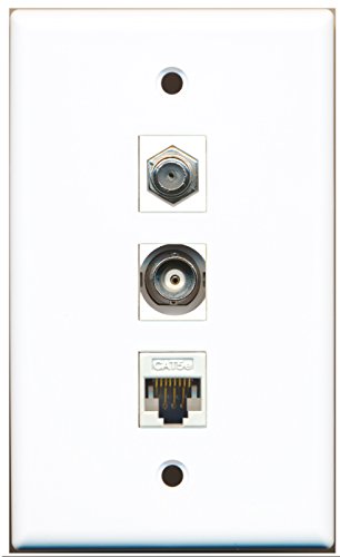 RiteAV - 1 Port Coax Cable TV- F-Type and 1 Port BNC and 1 Port Cat5e Ethernet White Wall Plate