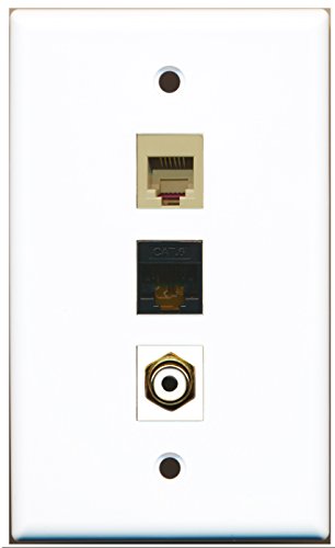 RiteAV - 1 Port RCA White and 1 Port Phone RJ11 RJ12 Beige and 1 Port Cat6 Ethernet Black Wall Plate