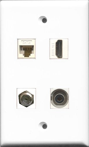 RiteAV 1 Port HDMI and 1 Port Coax Cable TV- F-Type and 1 Port 3.5mm and 1 Port Cat6 Ethernet White Wall Plate