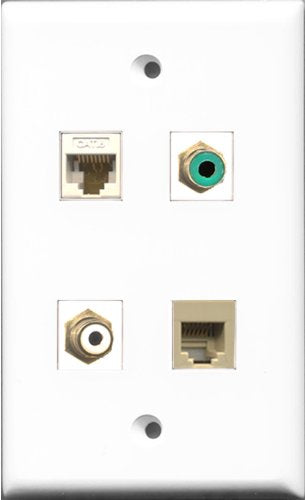 RiteAV 1 Port RCA White and 1 Port RCA Green and 1 Port Phone RJ11 RJ12 Beige and 1 Port Cat6 Ethernet White Wall Plate
