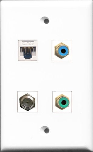 RiteAV 1 Port RCA Green and 1 Port RCA Blue and 1 Port Coax Cable TV- F-Type and 1 Port Cat5e Ethernet White Wall Plate