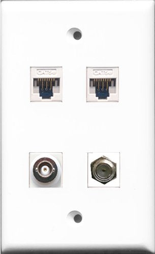RiteAV - 1 Port Coax Cable TV- F-Type and 1 Port BNC 2 Port Cat5e Ethernet White Wall Plate
