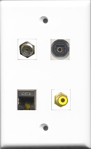 RiteAV 1 Port RCA Yellow and 1 Port Coax Cable TV- F-Type and 1 Port Shielded Cat6 Ethernet and 1 Port Toslink Wall Plate