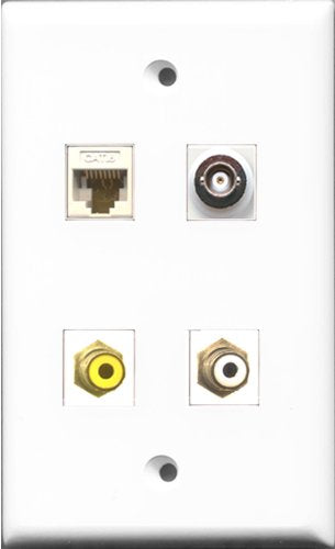 RiteAV 1 Port RCA White and 1 Port RCA Yellow and 1 Port BNC and 1 Port Cat6 Ethernet White Wall Plate
