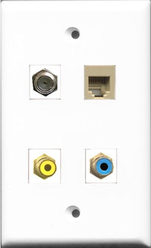 RiteAV 1 Port RCA Yellow and 1 Port RCA Blue and 1 Port Coax Cable TV- F-Type and 1 Port Phone RJ11 RJ12 Beige Wall Plate