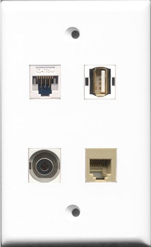 RiteAV 1 Port USB A-A and 1 Port Phone RJ11 RJ12 Beige and 1 Port 3.5mm and 1 Port Cat5e Ethernet White Wall Plate