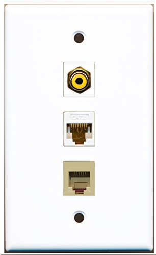 RiteAV - 1 Port RCA Yellow and 1 Port Phone RJ11 RJ12 Beige and 1 Port Cat6 Ethernet White Wall Plate