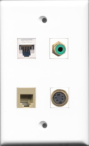 RiteAV 1 Port RCA Green and 1 Port Phone RJ11 RJ12 Beige and 1 Port S-Video and 1 Port Cat5e Ethernet White Wall Plate