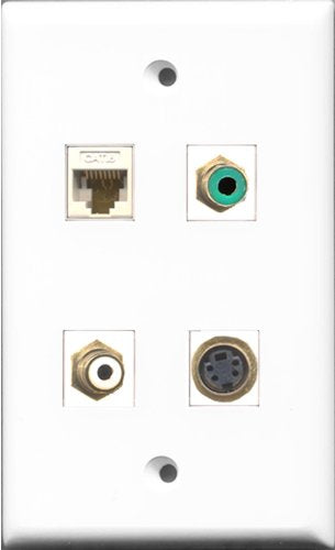 RiteAV 1 Port RCA White and 1 Port RCA Green and 1 Port S-Video and 1 Port Cat6 Ethernet White Wall Plate
