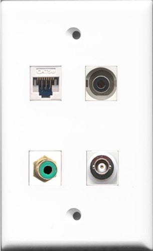 RiteAV - 1 Port RCA Green and 1 Port 3.5mm and 1 Port BNC and 1 Port Cat5e Ethernet White Wall Plate