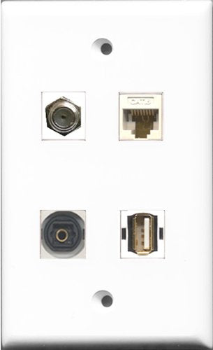 RiteAV 1 Port Coax Cable TV- F-Type and 1 Port USB A-A and 1 Port Toslink and 1 Port Cat6 Ethernet White Wall Plate