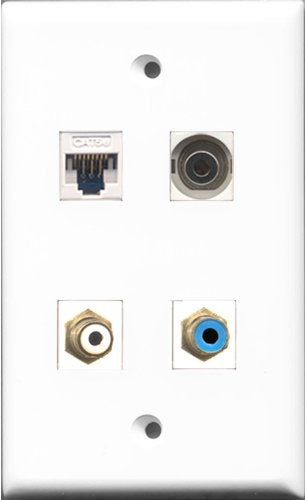 RiteAV - 1 Port RCA White and 1 Port RCA Blue and 1 Port 3.5mm and 1 Port Cat5e Ethernet White Wall Plate