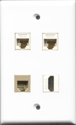 RiteAV 1 Port HDMI and 1 Port Phone RJ11 RJ12 Beige 2 Port Cat6 Ethernet White Wall Plate