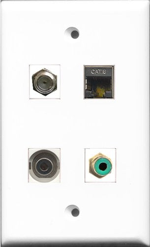 RiteAV 1 Port RCA Green and 1 Port Coax Cable TV- F-Type and 1 Port Shielded Cat6 Ethernet and 1 Port 3.5mm Wall Plate