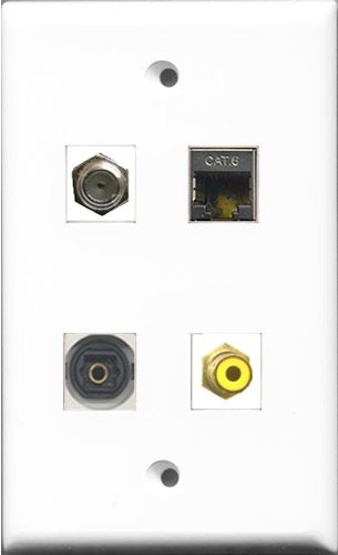 RiteAV 1 Port RCA Yellow and 1 Port Coax Cable TV- F-Type and 1 Port Shielded Cat6 Ethernet and 1 Port Toslink Wall Plate