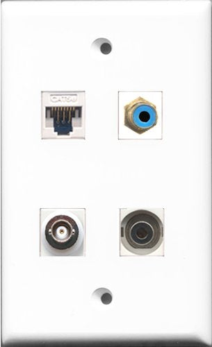 RiteAV 1 Port RCA Blue and 1 Port 3.5mm and 1 Port BNC and 1 Port Cat5e Ethernet White Wall Plate