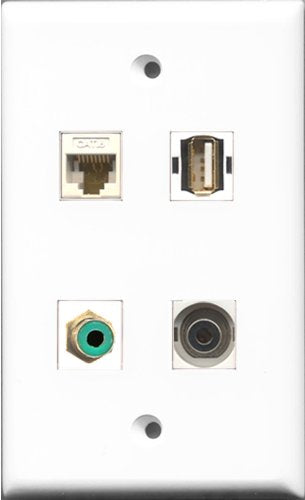 RiteAV 1 Port RCA Green and 1 Port USB A-A and 1 Port 3.5mm and 1 Port Cat6 Ethernet White Wall Plate